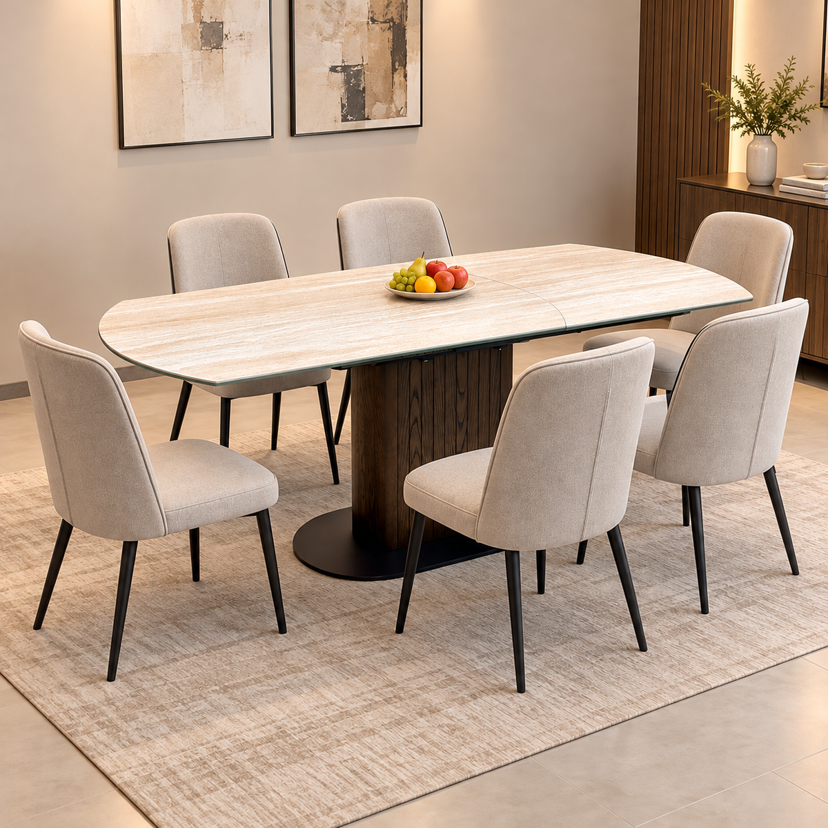 ‘Tiber' Travertine Ceramic Top Swivel Extending Dining Table