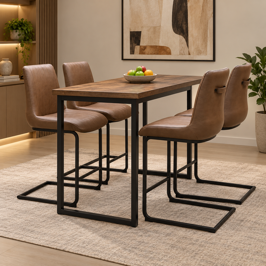 Bodahl Terra cognac brown faux leather bar stools at a wooden bar table in a room scene with a fruit bowl