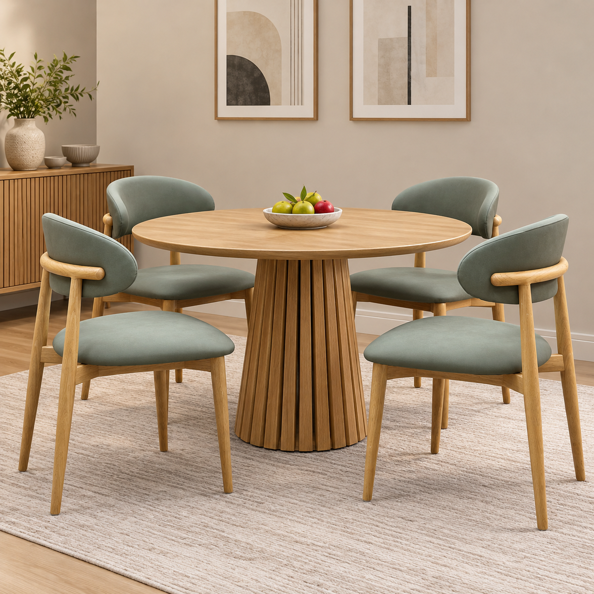 Riga olive green faux leather dining chairs around a round slatted oak pedestal table in a room scene