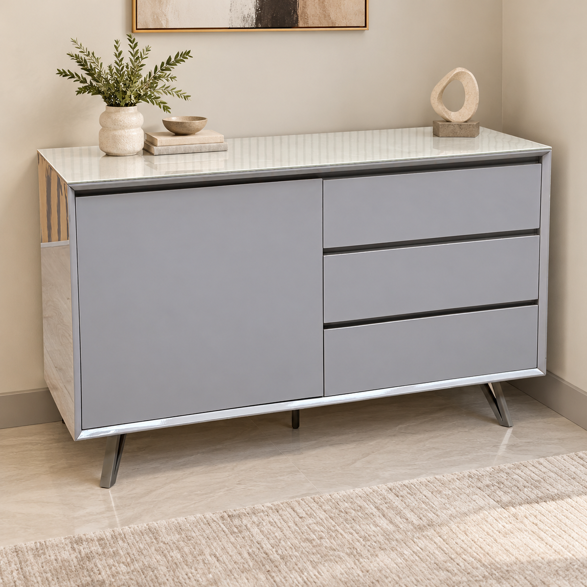 'Mirage’ Neutral Ceramic Top 1 Door 3 Drawer Sideboard