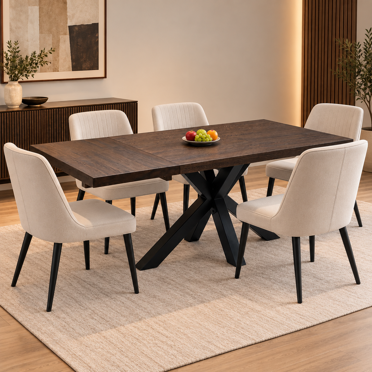 Mars dark oak dining table with the extension leaf in place, room scene with six cream fabric chairs