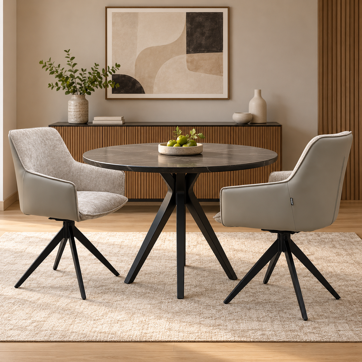 Pair of Jose cream fabric swivel dining chairs at a round black dining table in a room scene