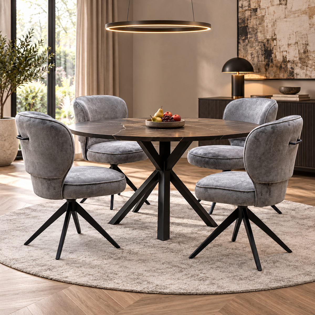 Set of four Imperium mink velvet swivel dining chairs around a round dark wood table in a room scene