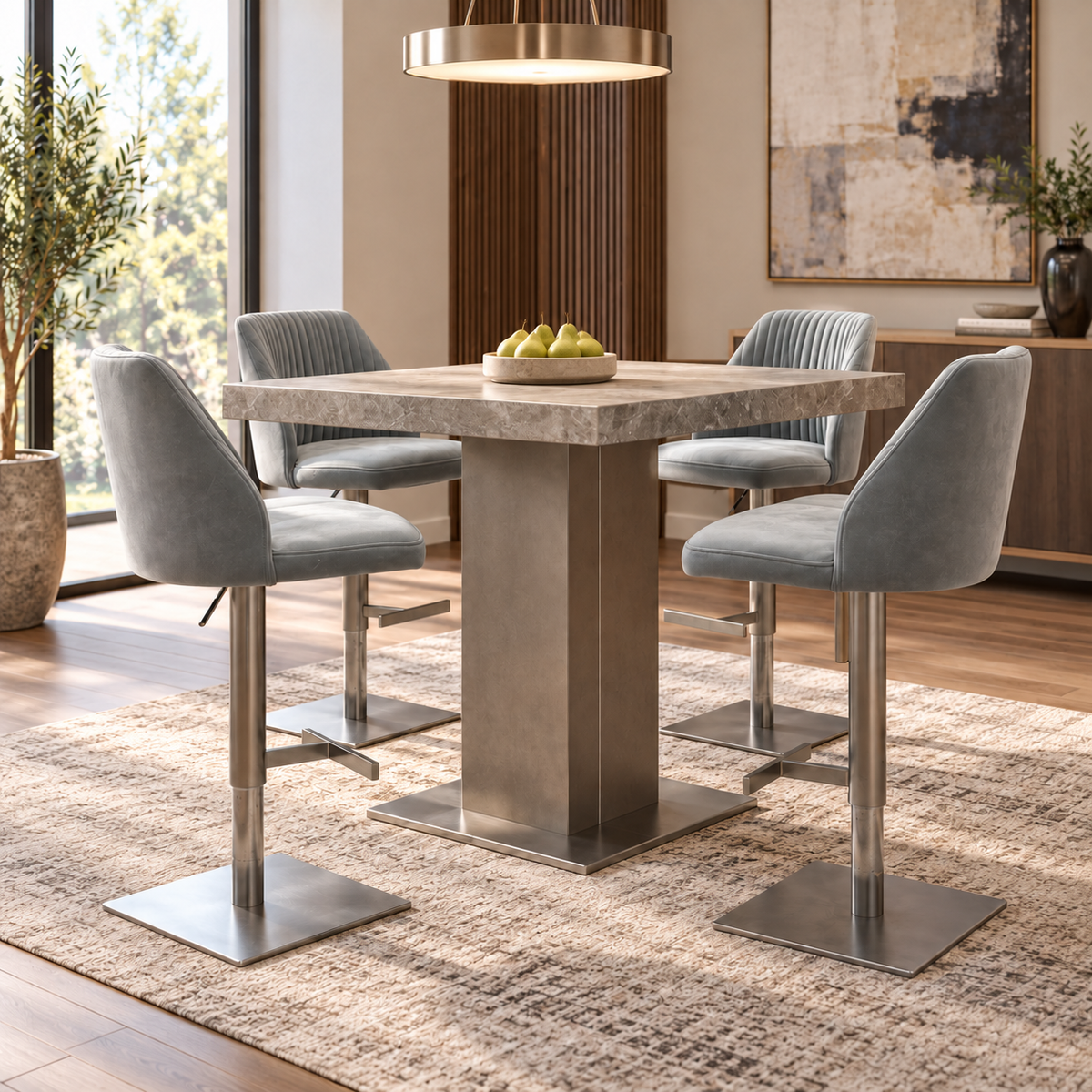 Grigio grey fabric swivel bar stools around a square stone-effect bar table in a dining room scene