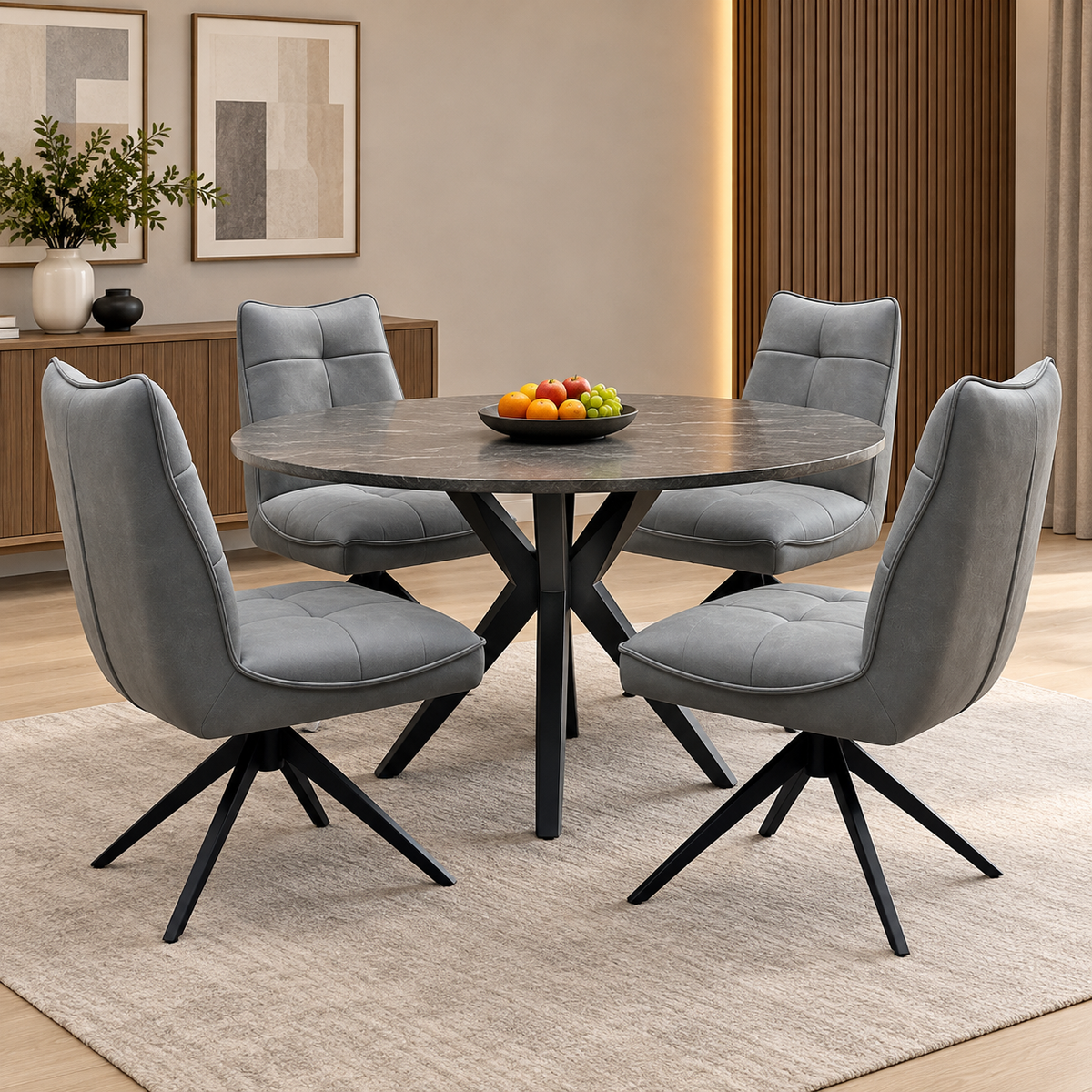 Germain charcoal grey faux leather swivel dining chairs around a round dark wood table in a dining room