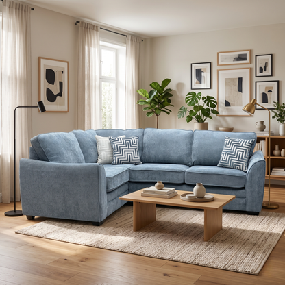 ‘Trinity’ Denim Blue Soft Woven Fabric Left Hand Double Arm Group Corner Sofa