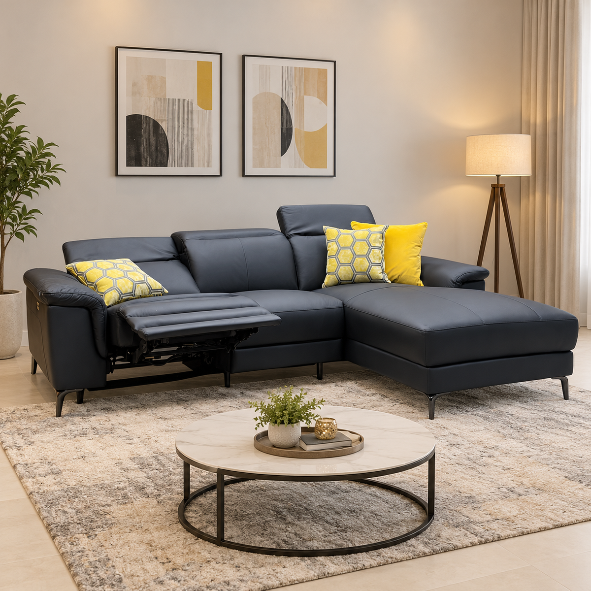 ‘Lorenza’ Black Leather:Faux Leather Power Recliner Right Hand 3 Seater Chaise Sofa