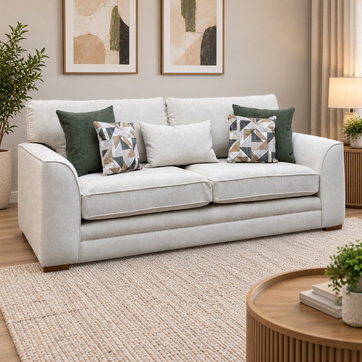 Kaluna natural fabric 3 seater sofa in a living room with framed prints and a round wooden coffee table