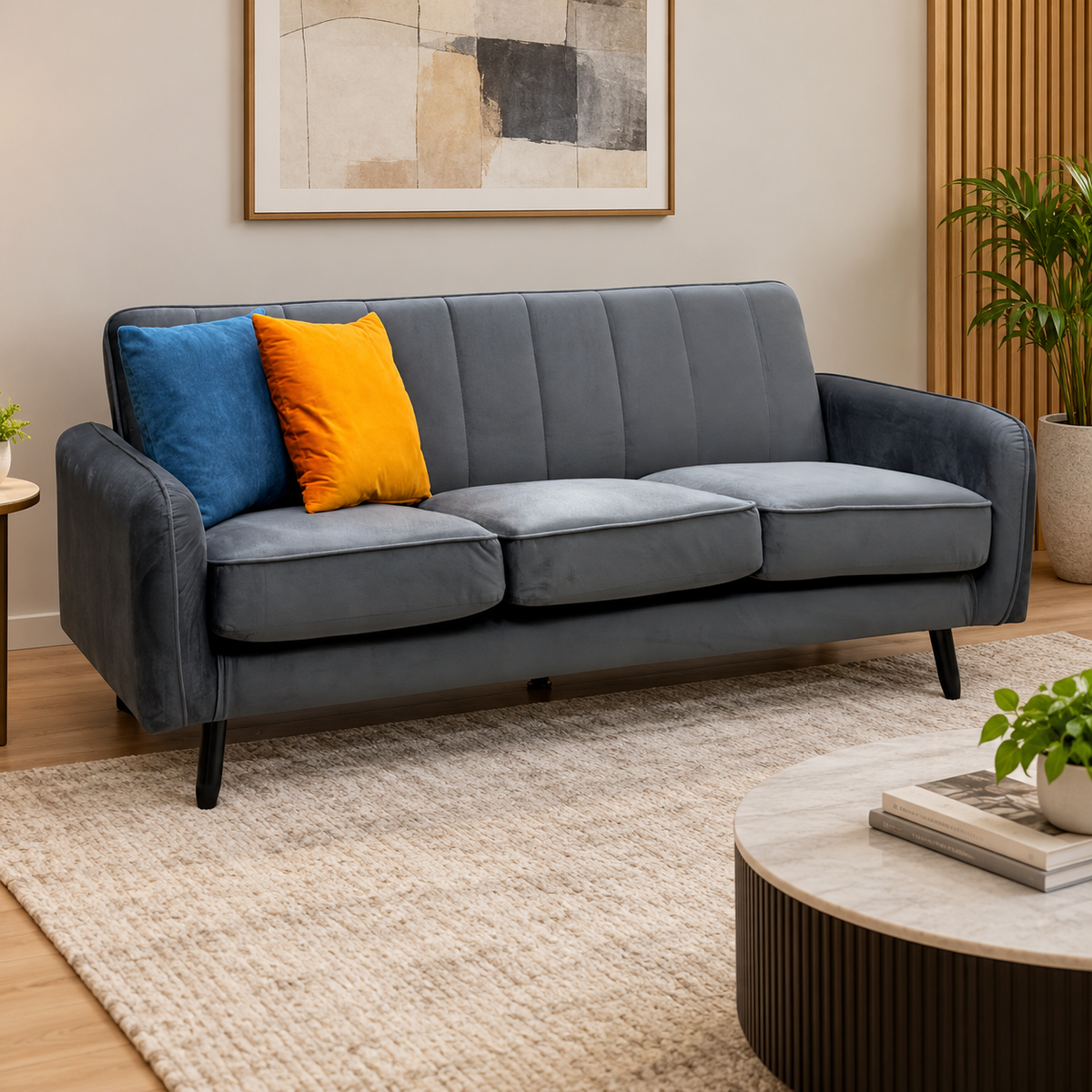 Jennifer dark grey velvet 3 seater sofa in a living room with a cream rug and round marble coffee table
