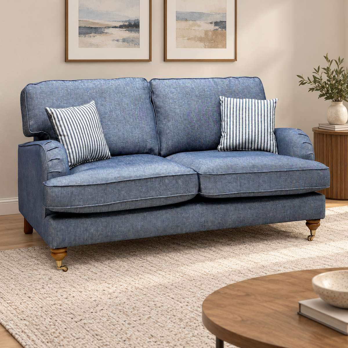 Bay navy blue fabric 2 seater sofa in a living room with pictures on the wall and a round wooden coffee table