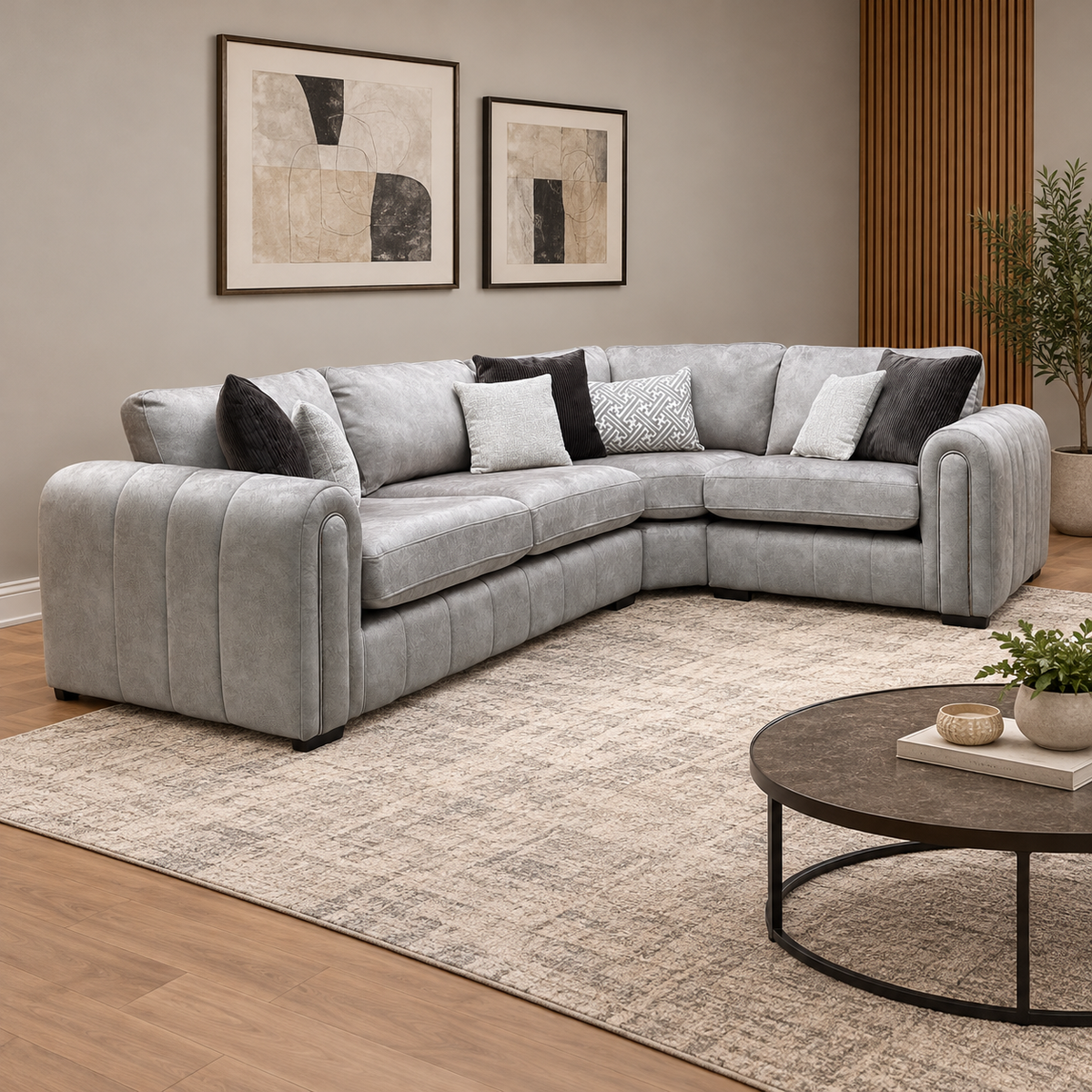 'Amara' Stone Grey Velvet Fabric Right Hand Facing Double Arm Corner Group Sofa