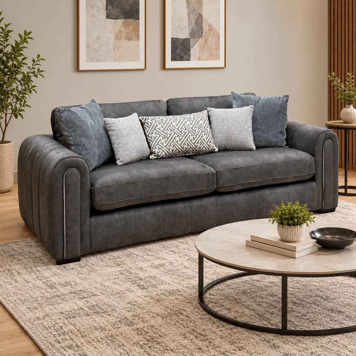 Amara charcoal grey velvet 3 seater sofa in a living room with a round marble coffee table and patterned rug