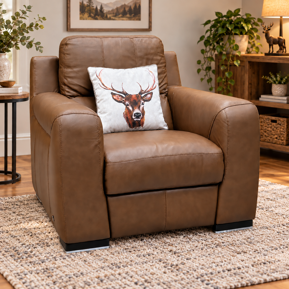 Marinelli Viali bark brown leather recliner chair in a living room on a cream rug with a stag print cushion