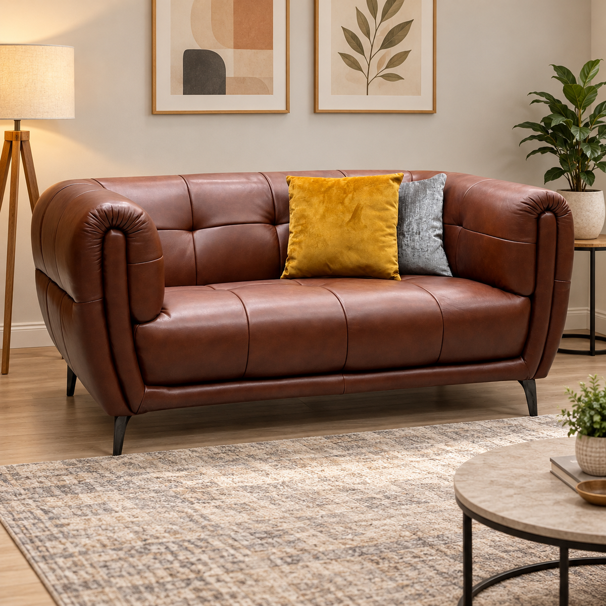 Sienna butterscotch brown leather 2 seater sofa in a living room with a tripod lamp and marble coffee table