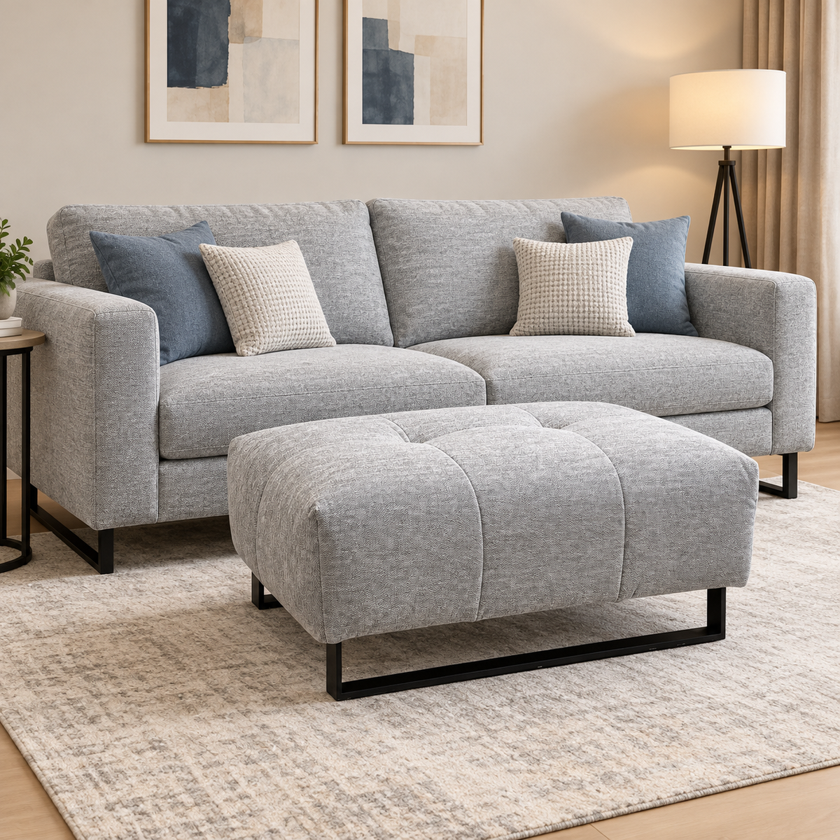 Shelby dove grey fabric footstool in front of a matching grey sofa in a living room on a patterned rug