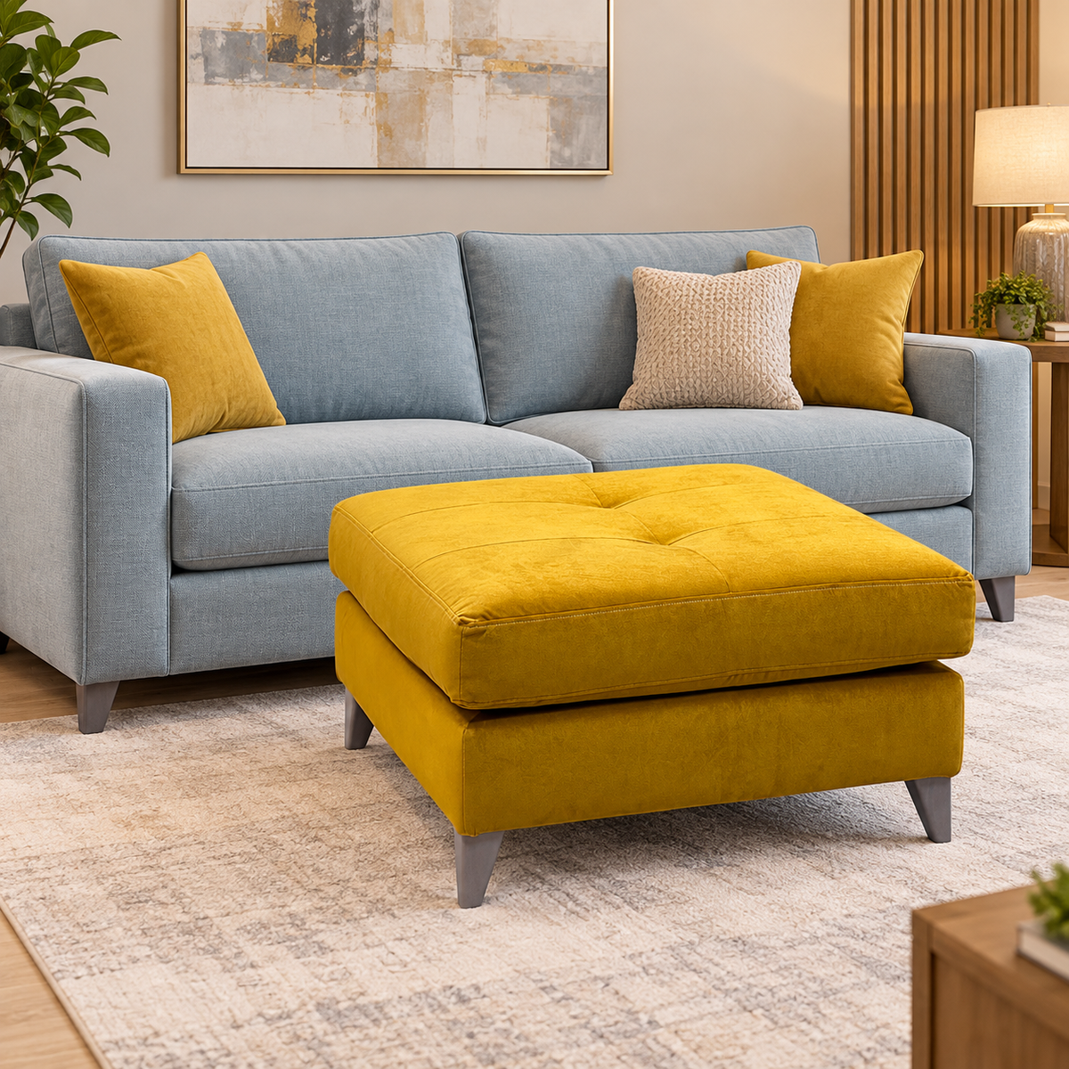 The Lounge Co. Hermione amber yellow velvet footstool in a living room in front of a light blue sofa with yellow cushions