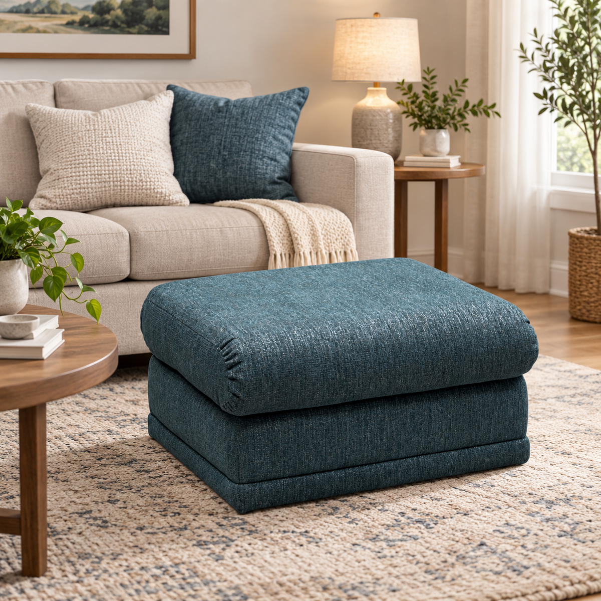 G Plan Malvern teal fabric storage footstool in a living room in front of a cream sofa