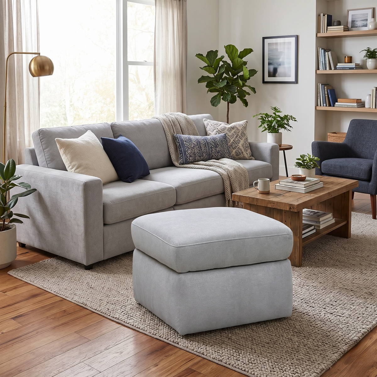 Berlin rosy light grey fabric storage footstool in a living room beside a grey sofa and wooden coffee table