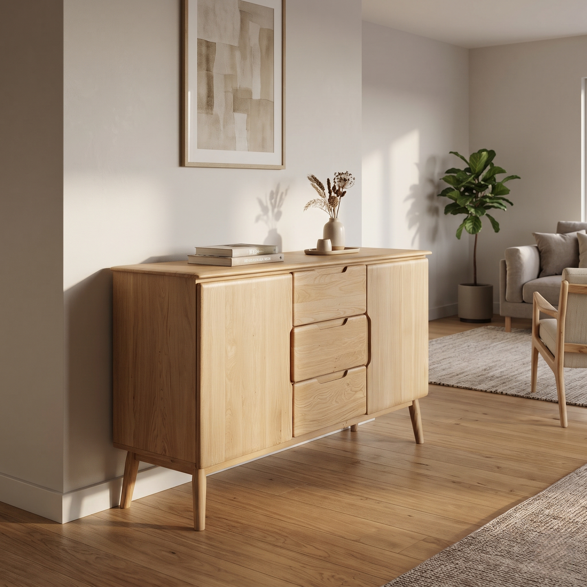 Stockholm light oak solid oak large sideboard in a living room with a framed print and dried flowers on top