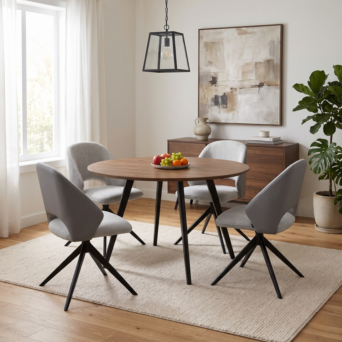 Raul stone grey fabric swivel dining chairs around a round wooden table in a dining room scene