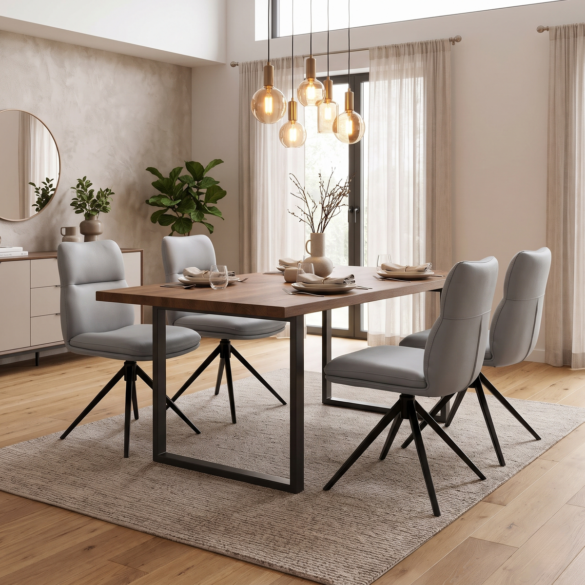 Quattro stone grey faux leather swivel dining chairs around a walnut table in a dining room with pendant lights
