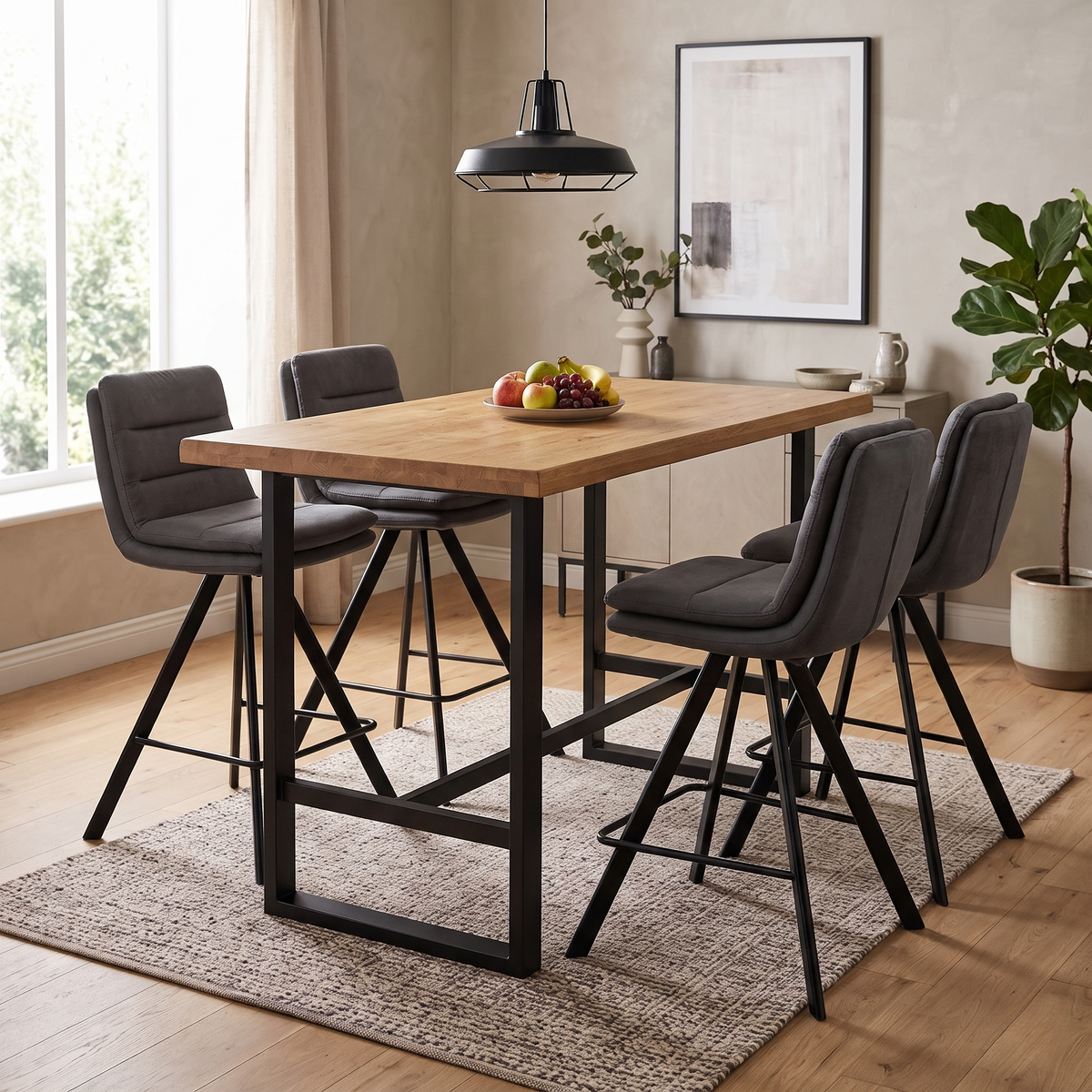 Bodahl Njord anthracite grey fabric swivel bar stools around an oak bar table in a dining room scene
