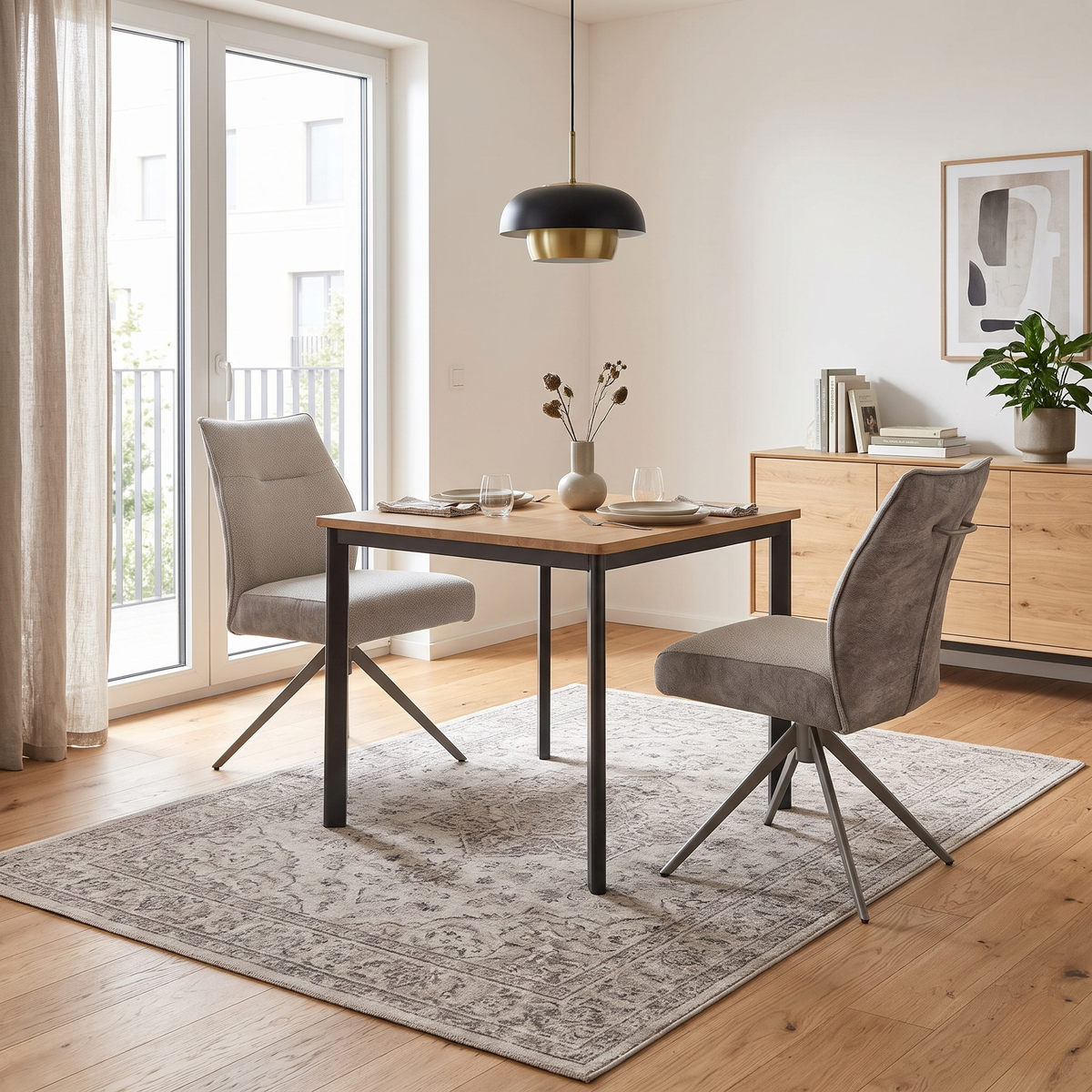 Mirage neutral fabric swivel dining chairs at a small oak dining table in a bright room