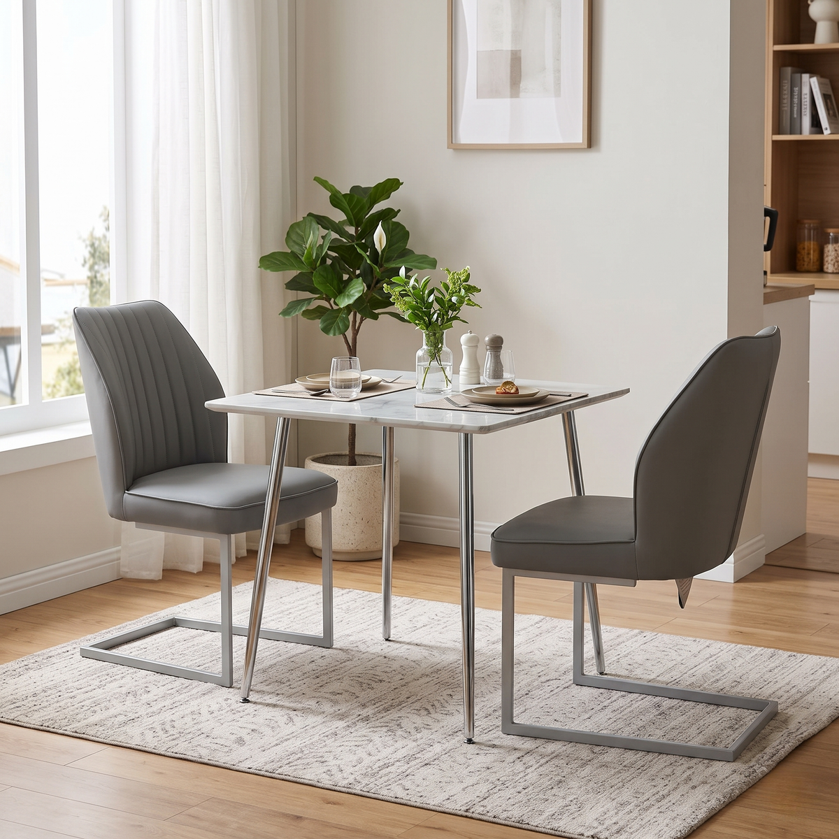 Fumo grey faux leather cantilever dining chairs either side of a small marble-top table in a bright dining room