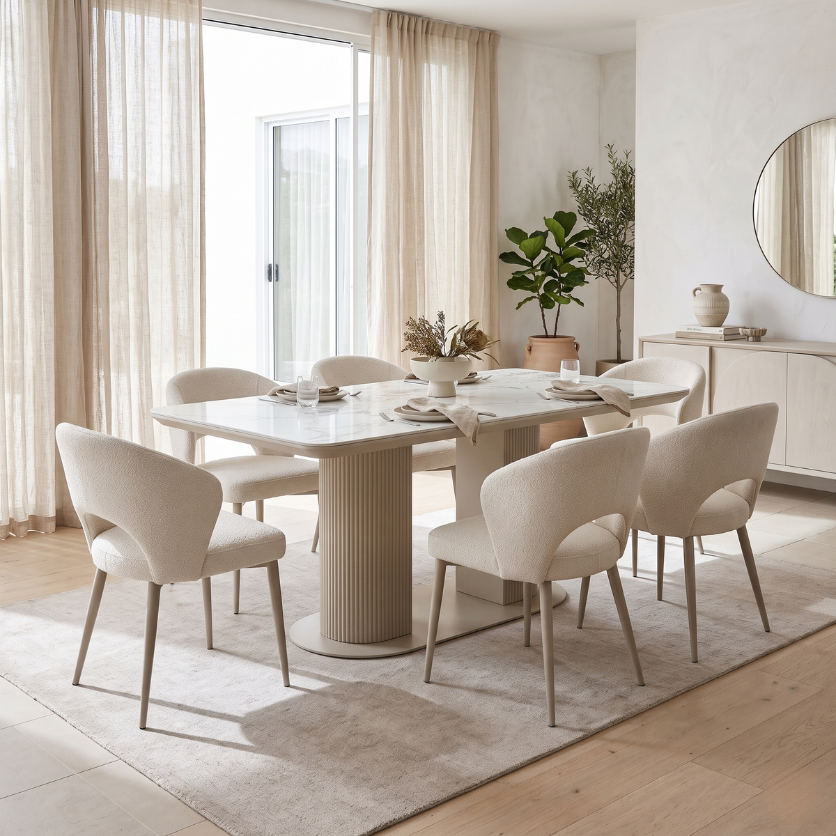 Avorio ceramic top fixed dining table with six cream fabric chairs in a bright dining room
