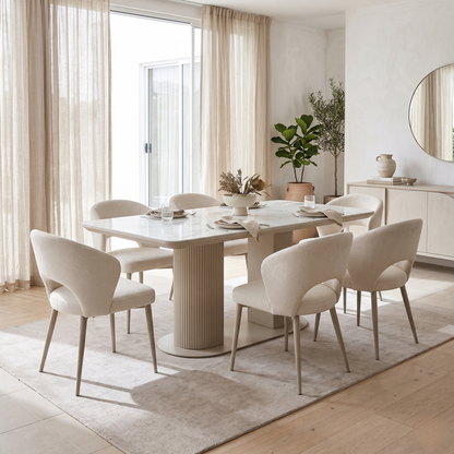 Avorio ceramic top fixed dining table with six cream fabric chairs in a bright dining room