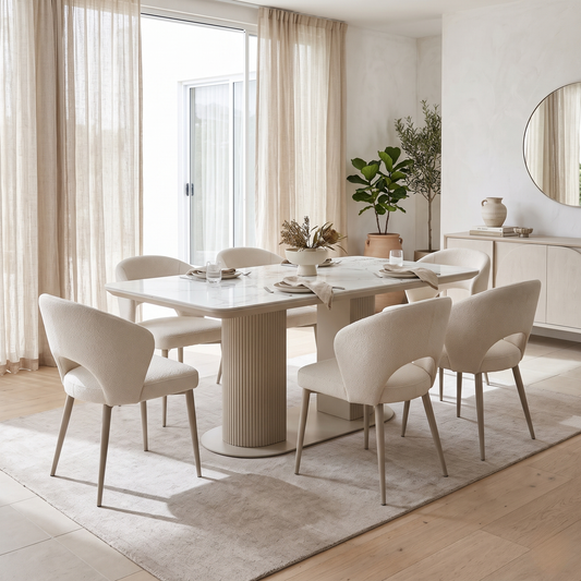 Avorio ceramic top fixed dining table with six cream fabric chairs in a bright dining room