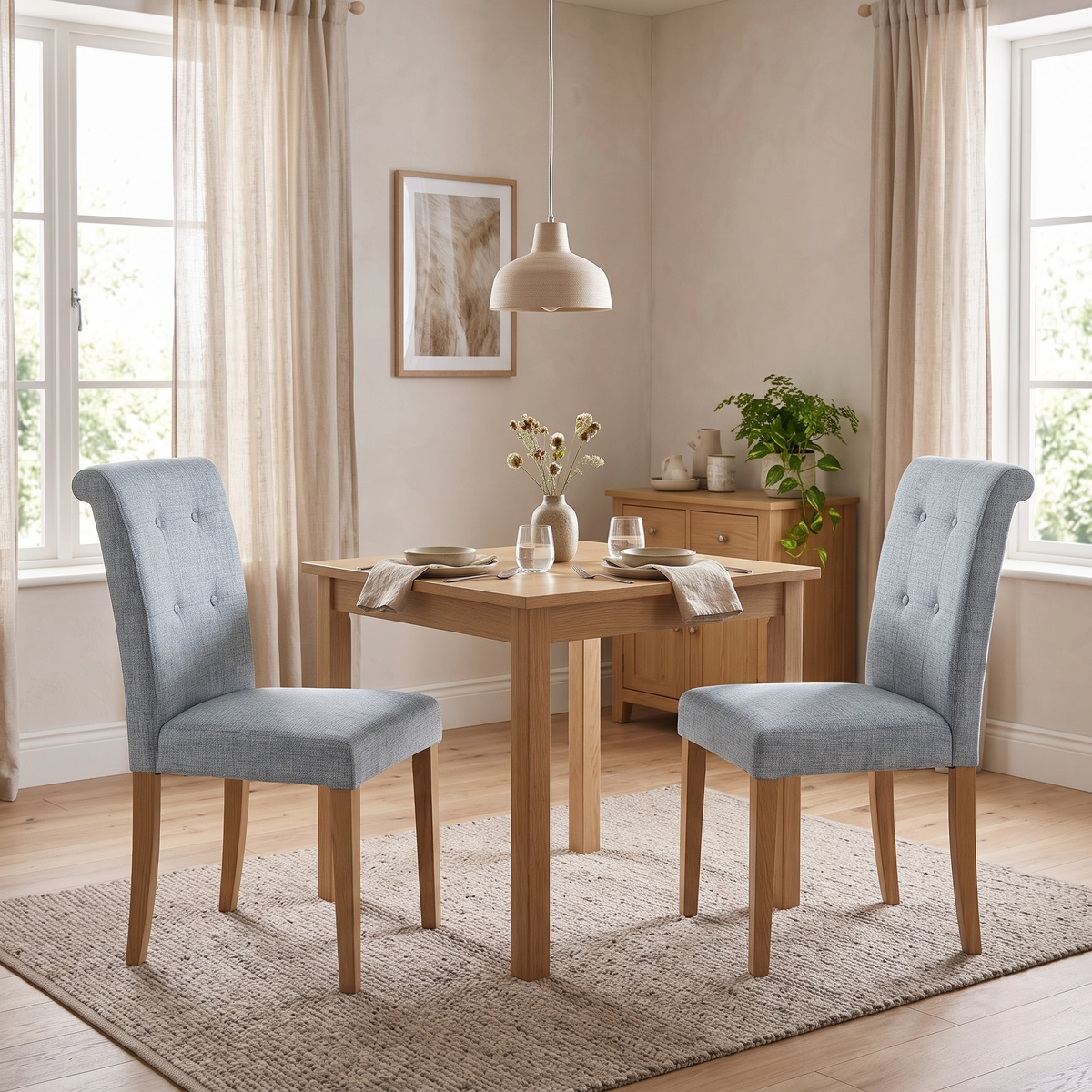 Furnitureland Augusta mist grey fabric roll back dining chairs at a small oak table in a dining room