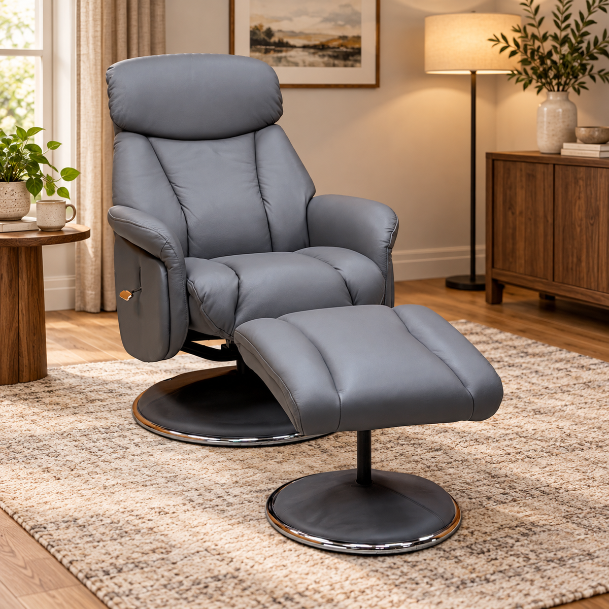 Elm petrol blue leather swivel recliner chair and footstool in a living room scene with a lamp and sideboard