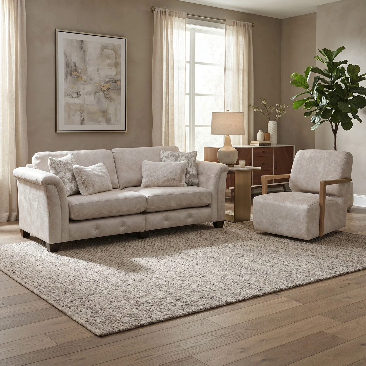 'Aura' Kenzo Cream Dw Ft Velvet Fabric 4 Seater Classic Back Split Frame Sofa + Swivel Chair with Natural Wood Arms
