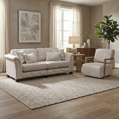'Aura' Kenzo Cream Dw Ft Velvet Fabric 4 Seater Classic Back Split Frame Sofa + Swivel Chair with Natural Wood Arms
