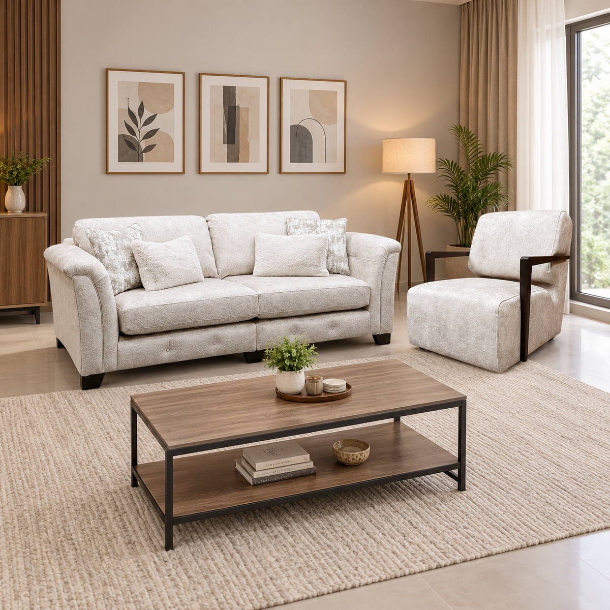 'Aura' Kenzo Cream Dw Ft Velvet Fabric 4 Seater Classic Back Split Frame Sofa + Swivel Chair with Dark Wood Arms