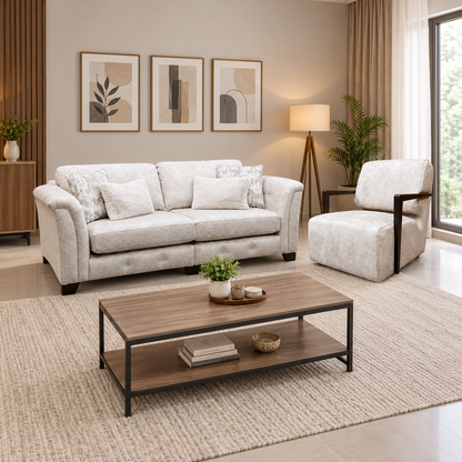 'Aura' Kenzo Cream Dw Ft Velvet Fabric 4 Seater Classic Back Split Frame Sofa + Swivel Chair with Dark Wood Arms
