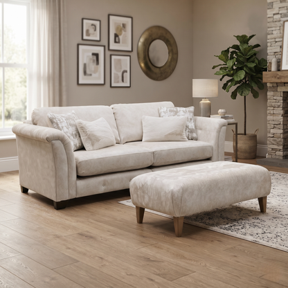 'Aura' Kenzo Cream Dw Ft Fabric 4 Seater Classic Back Split Frame Sofa with Footstool
