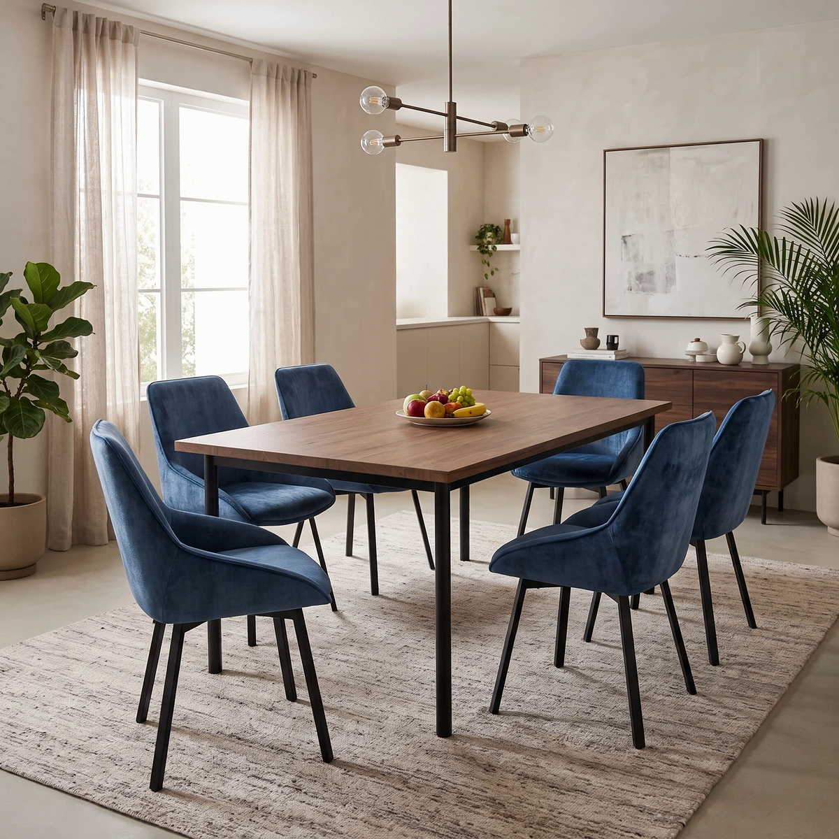 Veja heritage blue velvet set of 6 swivel dining chairs around a wooden dining table on a woven rug