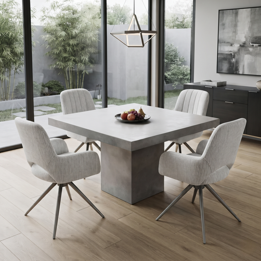 Pebble light grey swivel dining chairs around a square stone-effect table in a modern dining room