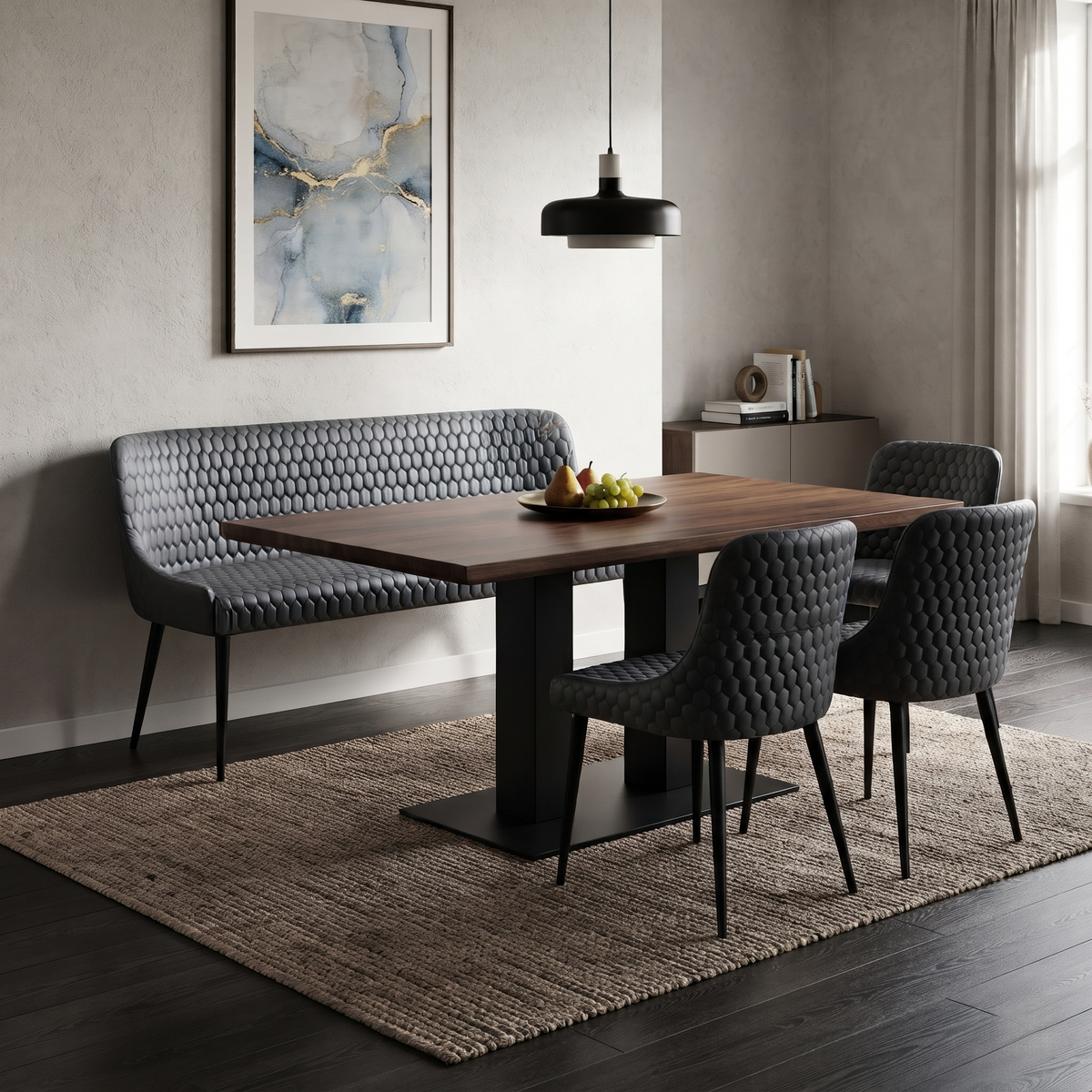 Osaka grey faux leather dining bench at a wooden table with matching chairs in a dining room