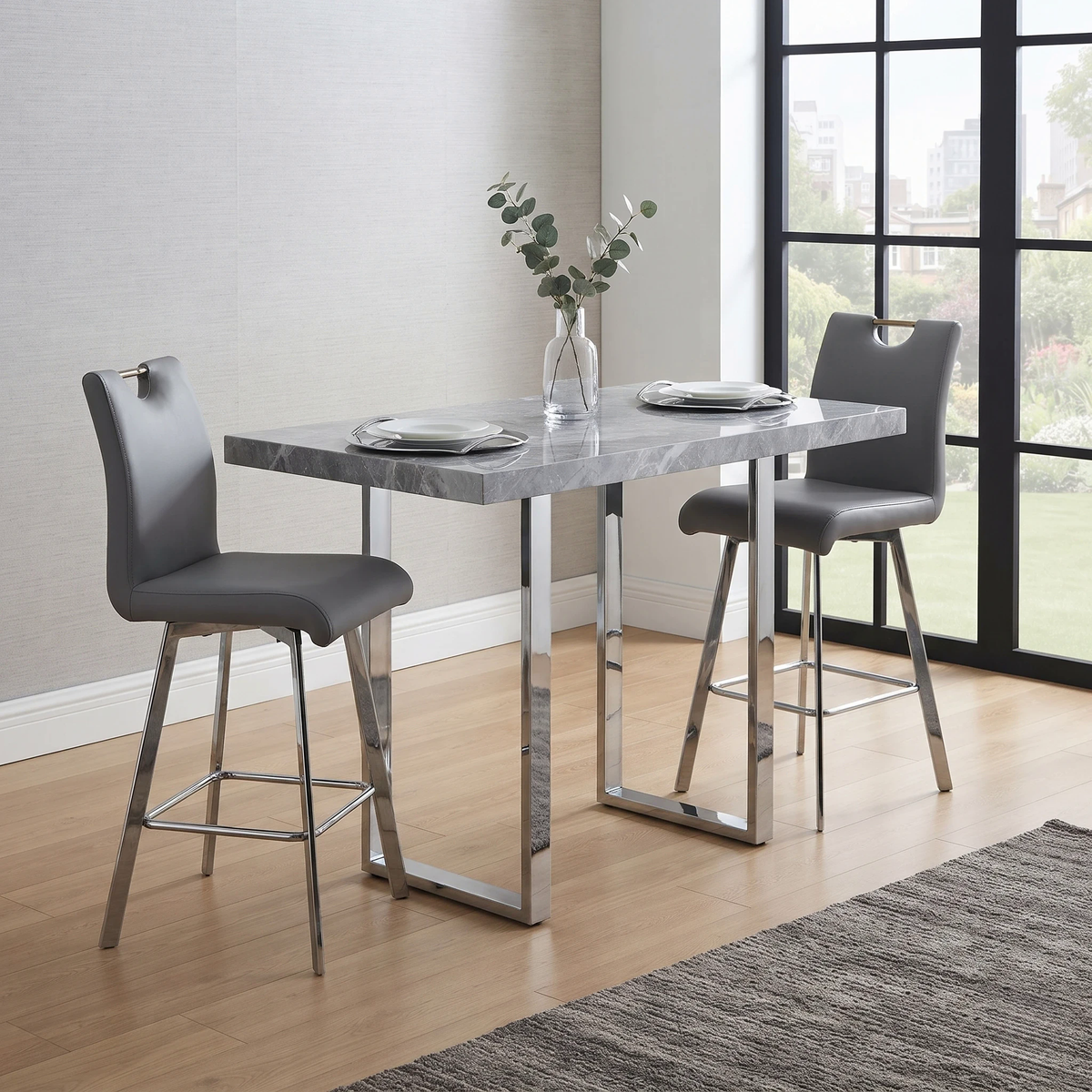 ‘Nadal’ Grey Faux Leather Pair of Swivel Bar Stools
