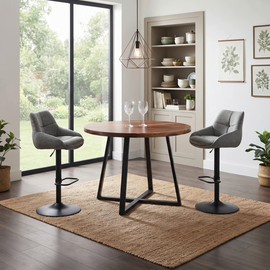 Pair of Kiara ash grey fabric swivel bar stools at a round wooden table in a bright dining room