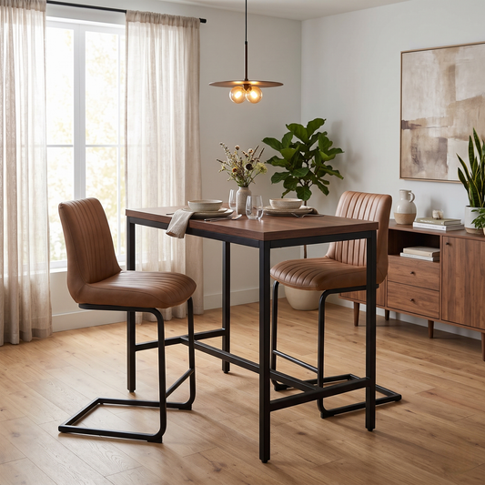 Pair of Bodahl Terra cognac faux leather cantilever bar stools at a high dining table in a room scene