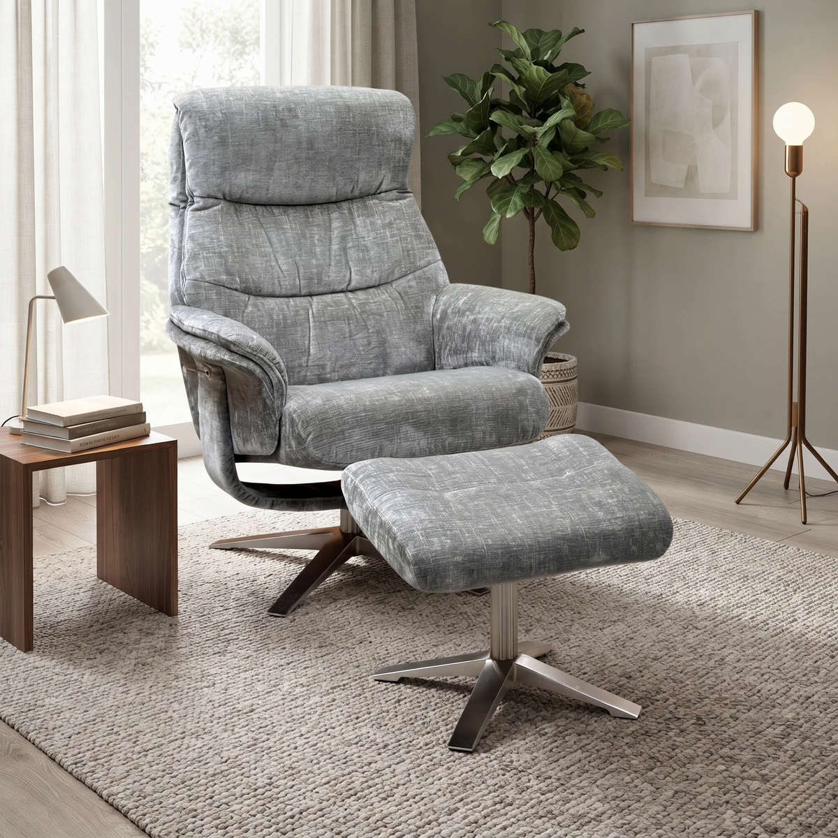 ‘Lindos’ Wishing Well Grey Chenille Fabric Recliner Chair and Stool with Chrome Base