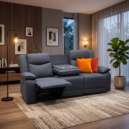 'Milan' Mocha Grey Microfibre Fabric 3 Seater Manual Recliner Sofa with Drop Down Cup Holders and Wireless Charger