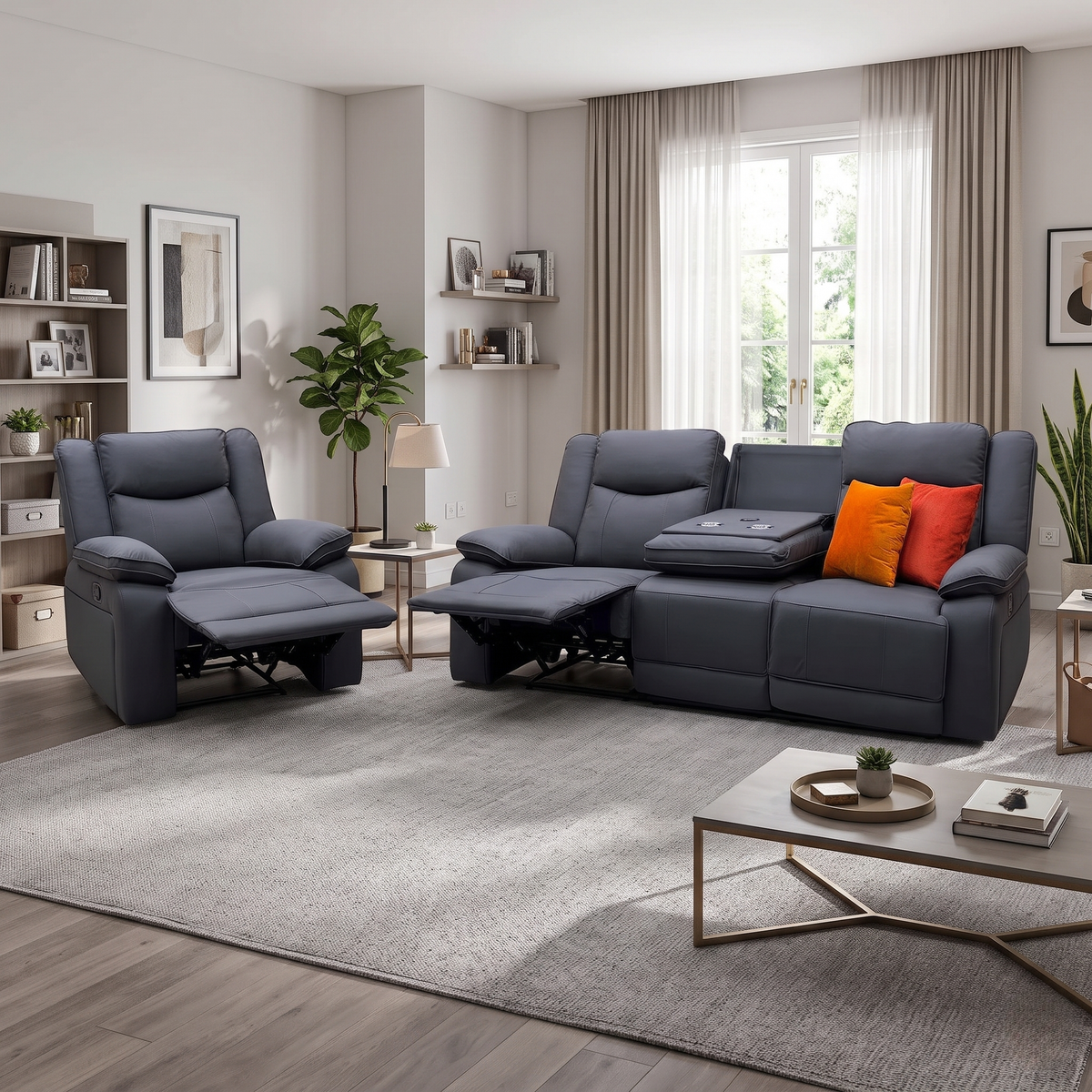 'Milan' Mocha Grey Microfibre Fabric 3 Seater Manual Recliner Drop Down Cup Holders and Wireless Charger Sofa with Armchair Set
