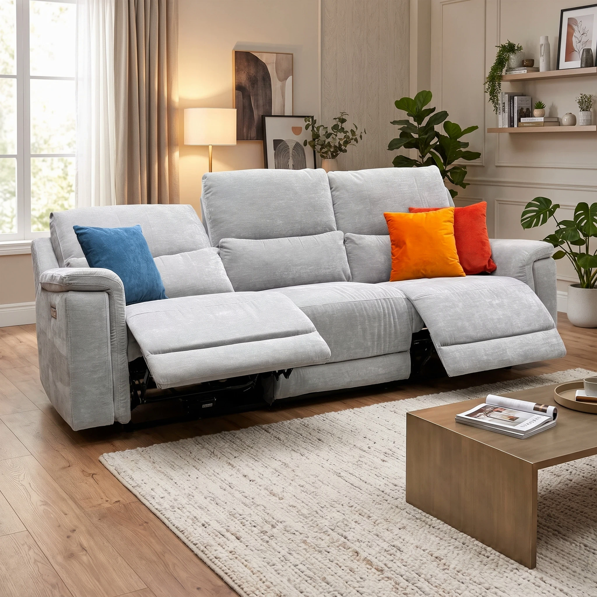 ‘Berlin’ Light Grey Linen Fabric Large 3 Seater Power Recliner Sofa