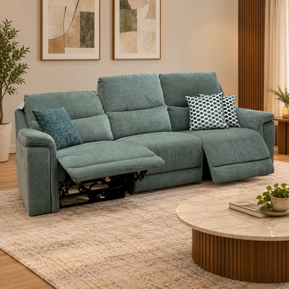 Berlin forest green linen power recliner sofa with two seats reclined in a living room with a round coffee table