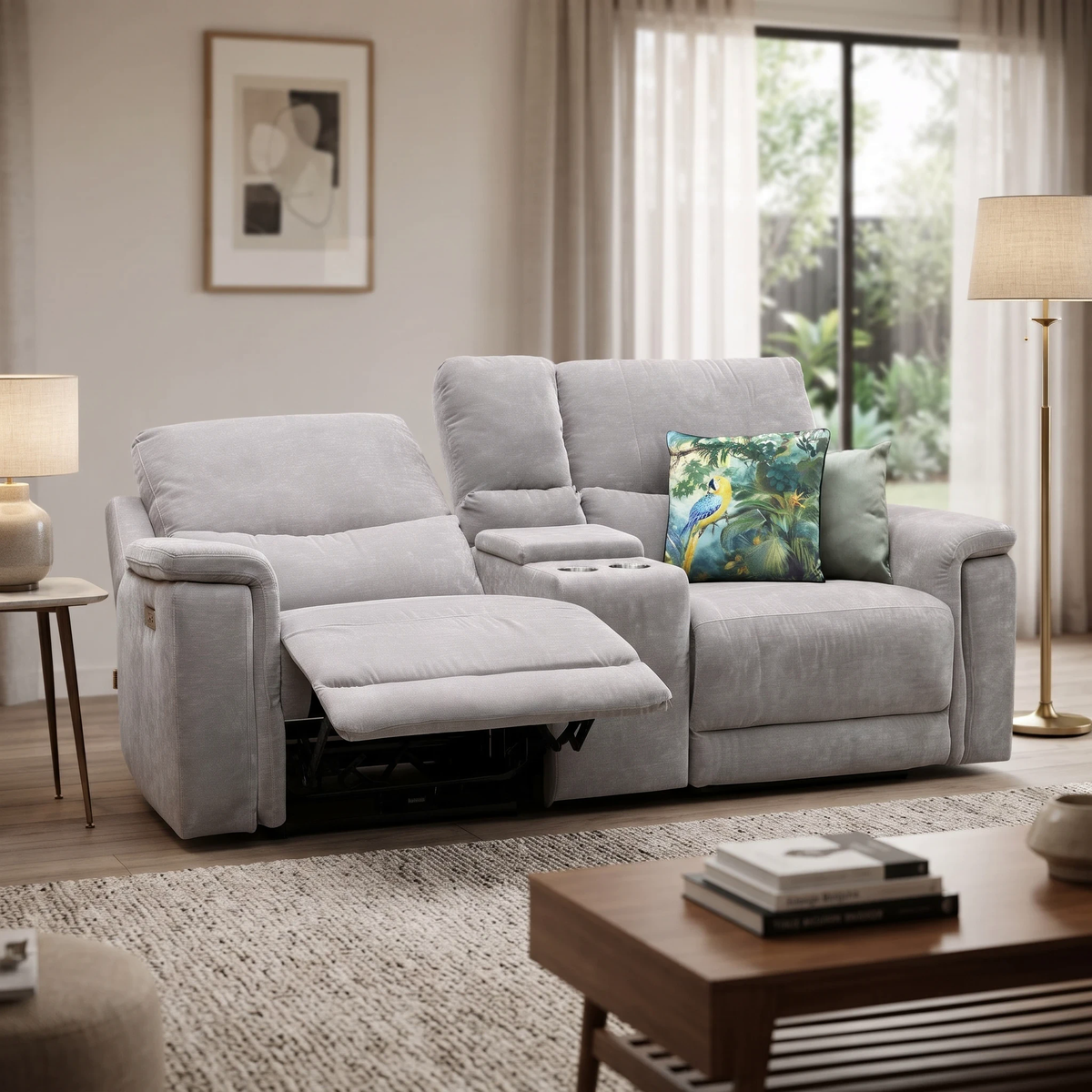 'Berlin' Light Grey Linen Fabric 2 Seater Power Recliner Sofa with Storage Console